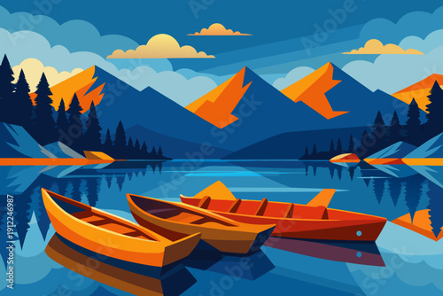 Serene mountain lake scene with canoes
