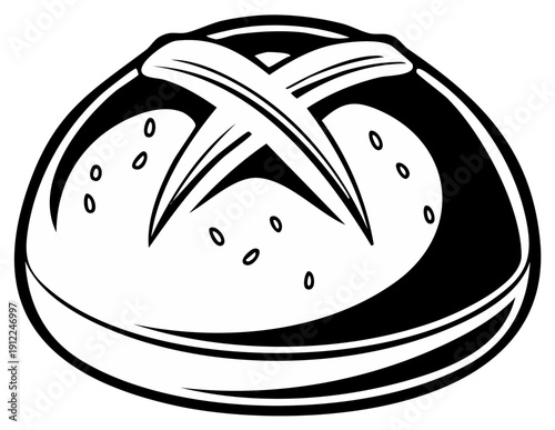 Freshly baked bread roll with pretzel cut design black and white illustration