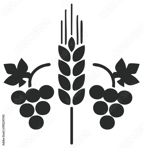 Ears of wheat and grapes in artistic design depicting harvest and abundance