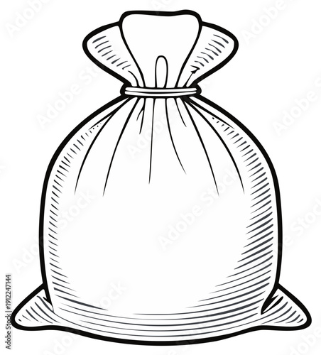 Vector Illustration of a Closed Sack or Bag with a Drawstring, Rendered in a Classic Engraved Style