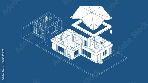 Technical Architectural Blueprint Showing Isometric 3D Exploded View of a Modern Residential House with Detached Garage and Structural Roof Assembly on a Blue Background