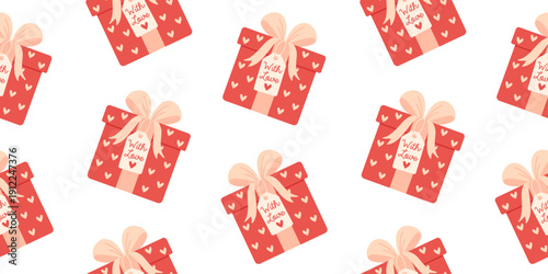 Seamless pattern with gift boxes, bow and heart tag on white background. Romantic festive design for wrapping, textile, packaging, wallpaper, greeting and celebration. Flat vector.