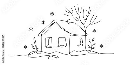 Continuous line drawing of winter house scene