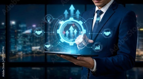 Wallpaper Mural Businessman holding tablet with futuristic automation, workflow integration, and digital transformation holographic interface. Torontodigital.ca