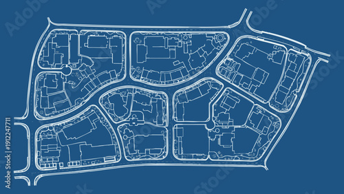 Technical Architectural Blueprint of a City District Site Plan Featuring White Hand Drawn Line Art Urban Blocks Streets and Building Footprints on a Blue Background