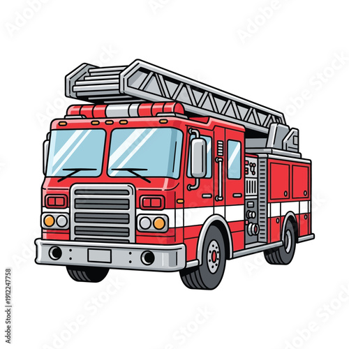 A cartoon illustration of a red fire truck with a silver ladder on top