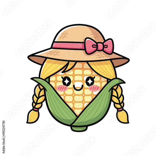 A cartoon illustration of a smiling ear of corn wearing a straw hat with a pink bow