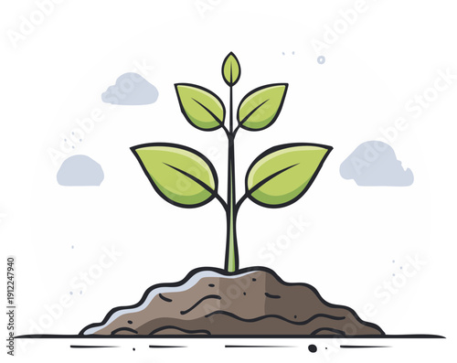 Young green sprout with leaves growing from fertile soil in a clean illustration style