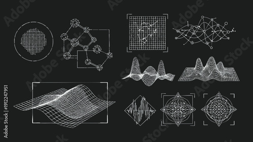 Set of Scientific Data Visualization Sketches Featuring White Line Art HUD Elements Topographic Wireframe Grids and Abstract Mathematical Signal Waveforms on a Dark Background