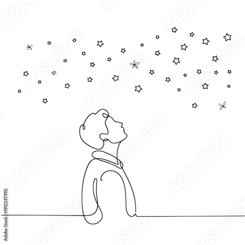 Dreamy man looking up at starry night sky art