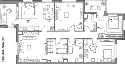 Hand Drawn Architectural Floor Plan for a Modern Multi Bedroom Apartment Featuring Living Spaces Kitchen Layouts and Balcony Areas in Minimalist Sketch Style