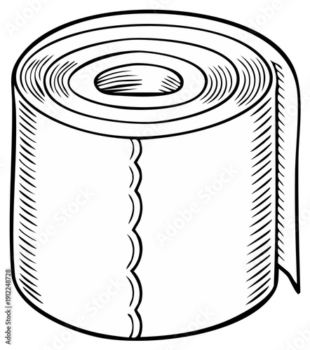 Hand drawn black and white illustration of a toilet paper roll, an essential bathroom hygiene item