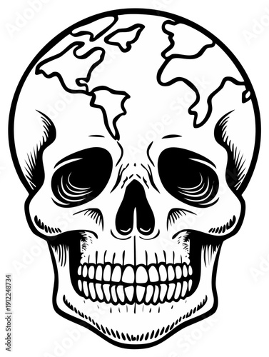 Black and white illustration of a human skull featuring a world map on its cranium