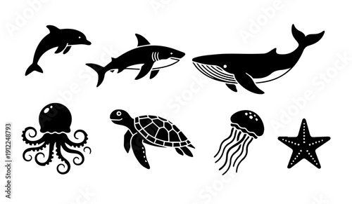Collection of stylized black silhouette vector icons of diverse marine animals for graphic design and educational projects picture5.ai