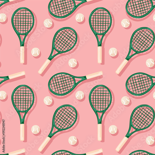 Green tennis racket, ball seamless pattern. Sport vector print.	