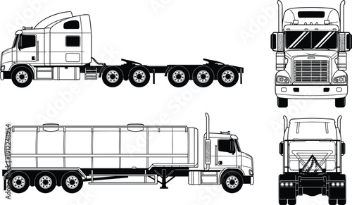 Detailed semi truck tractor and tanker trailer technical drawing set with front, side, and rear views isolated on white background for transport design