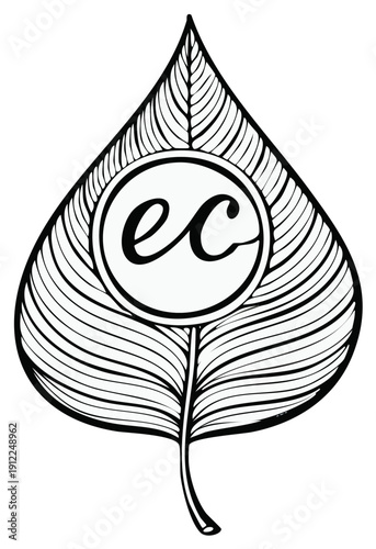 Stylized leaf shape with internal decorative elements and calligraphic letters ec