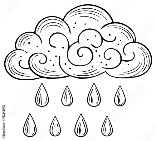 Stylized hand drawn cloud producing rain drops line art illustration