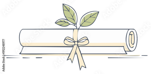 Diploma scroll tied with ribbon and leaves illustration