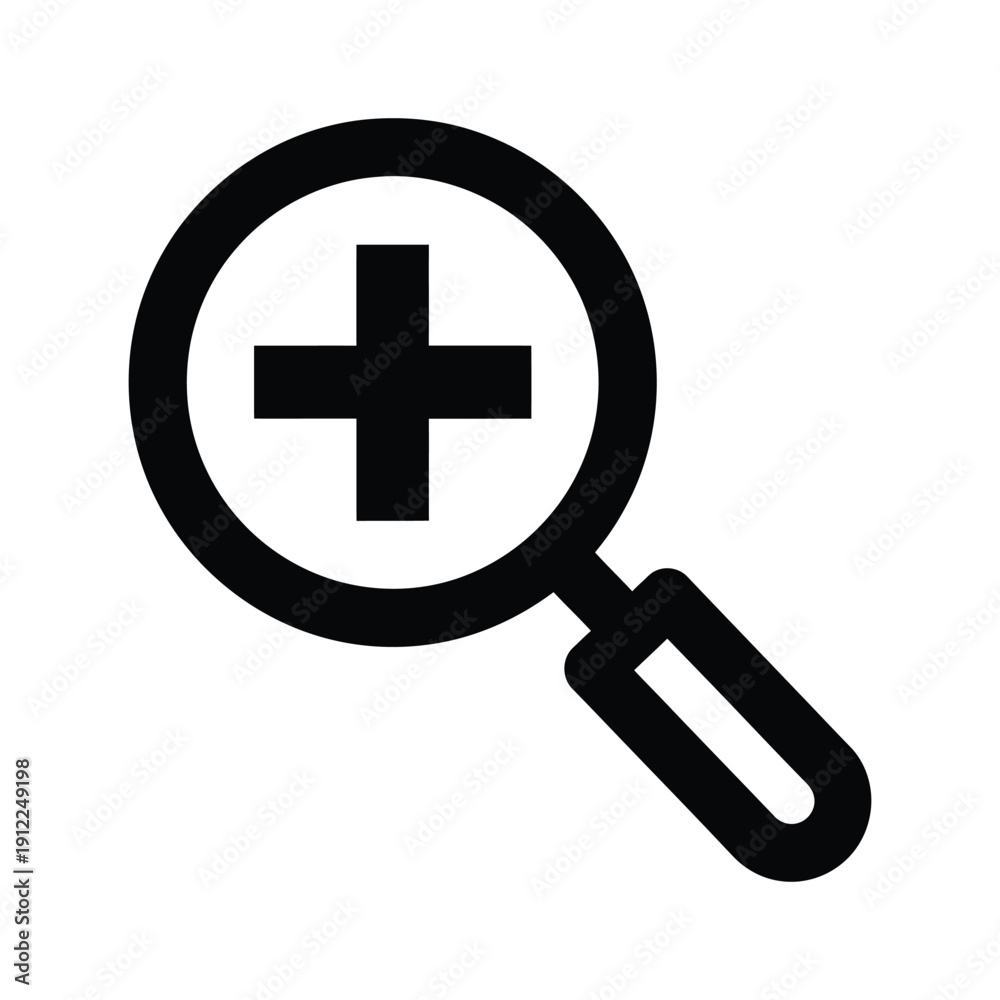 Fototapeta premium A magnifying glass with a medical cross symbol is used for searching and inspecting health and medical information.