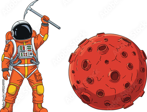 Astronaut and red planet illustration, space exploration concept, cosmonaut on Mars, science fiction, outer space adventure, universe discovery, cartoon space design