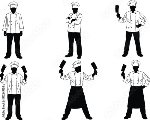 Chef silhouettes set, professional cook with knife, culinary expert poses, kitchen staff, restaurant cooking, food preparation, chef illustration, gastronomy profession concept