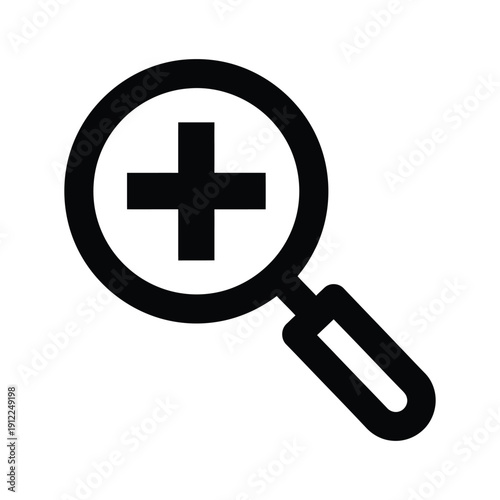 A magnifying glass with a medical cross symbol is used for searching and inspecting health and medical information.