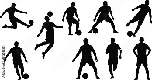Collection of soccer player silhouettes, football action poses dribbling kicking running, sport competition training, isolated vector illustration set, athletic activity concept