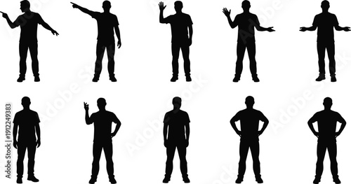 Collection of standing man silhouette gestures set, isolated on white background, body language posing figures, human posture black vector style