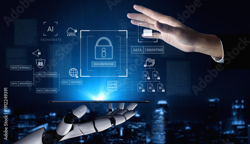Fotografie AI managing and encrypting sensitive data, monitoring cybersecurity threats, and