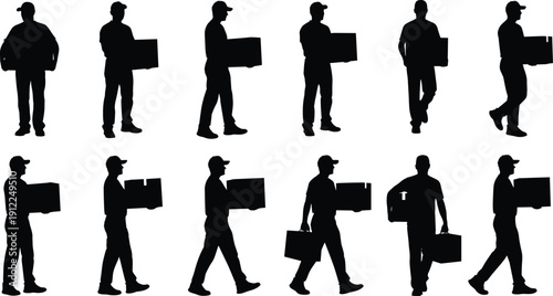 Delivery worker silhouette collection, courier carrying boxes walking poses, logistics service, package transport, shipping concept, isolated black figure set vector illustration