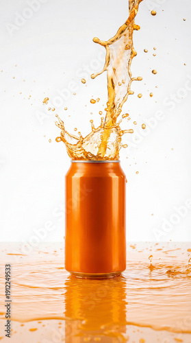 Soda can with a splashing jet of soda of the same color. Concept mockup