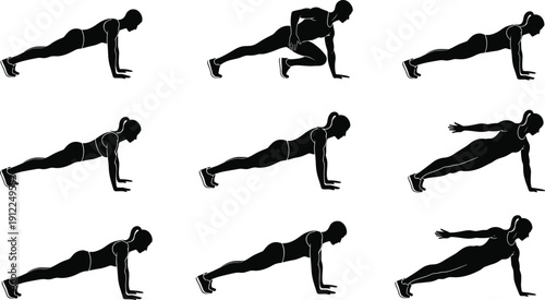 Fitness plank exercise silhouettes set isolated on white background, woman core workout collection for strength training, home workout, sport lifestyle