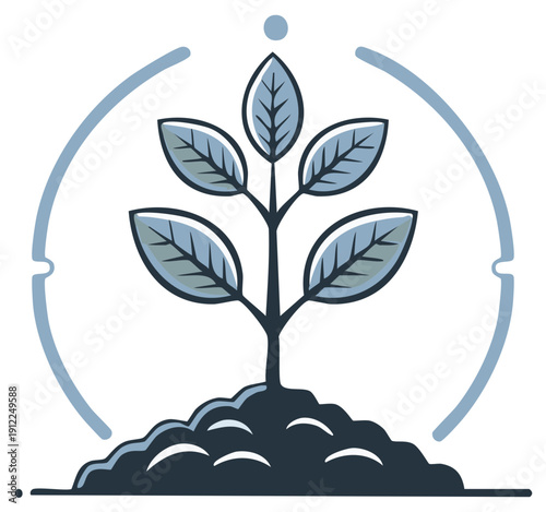 Green plant sprout growing in soil with circular growth protection icon and dewdrop above