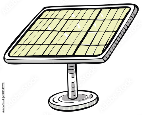 Cartoon solar panel illustration on a stand for renewable green energy