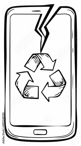 Hand drawn illustration of a broken smartphone with a recycle symbol for e waste