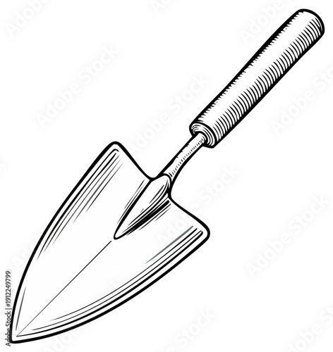 Vintage style hand trowel with a ribbed handle, sketched in black and white for garden work