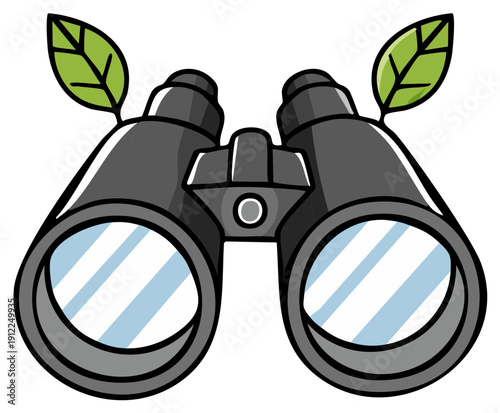 Cartoon binoculars with leaves, bird watching concept