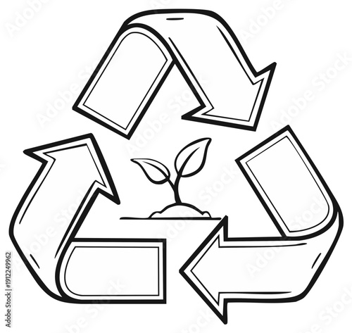 Hand drawn recycling symbol with seedling symbolizing eco friendly growth and sustainability