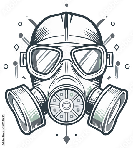 Stylized Gas Mask Illustration with Geometric Accents for Protection and Safety Themes Artwork