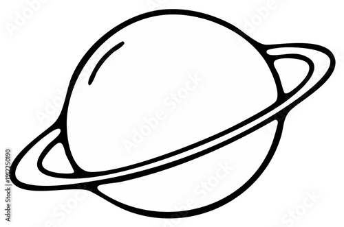 Line art illustration of a planet with rings in space.