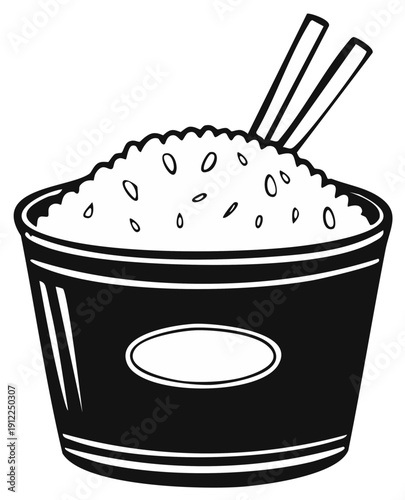 Traditional Asian Rice Bowl with Chopsticks in Simple Black and White Vector Illustration