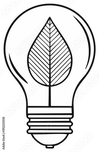 Line drawing of a light bulb with a leaf inside symbolizing environmental idea or eco innovation