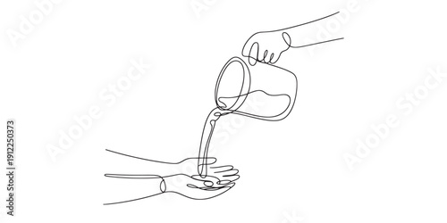 Pouring water from jug to open hands