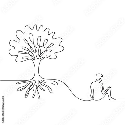 Single line sketch of man sitting under tree
