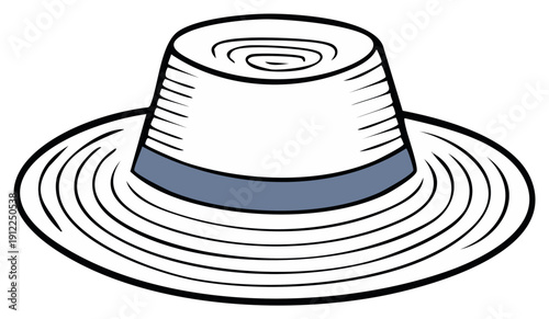 Stylized Illustration of a Classic Straw Sun Hat with a Blue Band