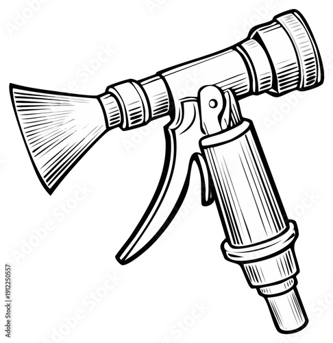 Detailed black and white line art illustration of a garden hose spray nozzle creating a wide fan pattern spray