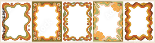 Set of retro frames with groovy flowers in mid Century modern color palette. Vector flat illustrations

