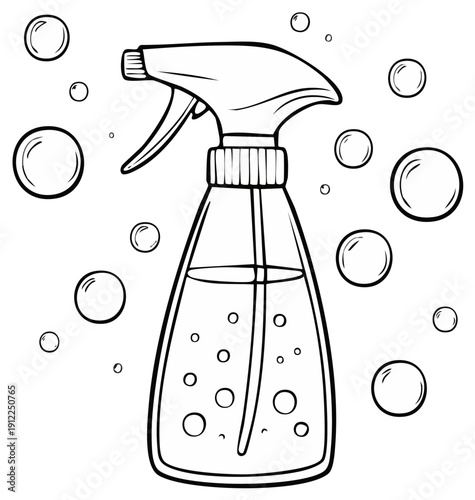 Outline Illustration of a Spray Bottle with Trigger Handle and Bubbles for Cleaning or Disinfecting