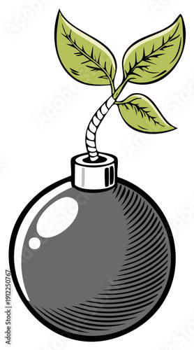Plant Growing From Bomb Symbolizing New Life From Destruction